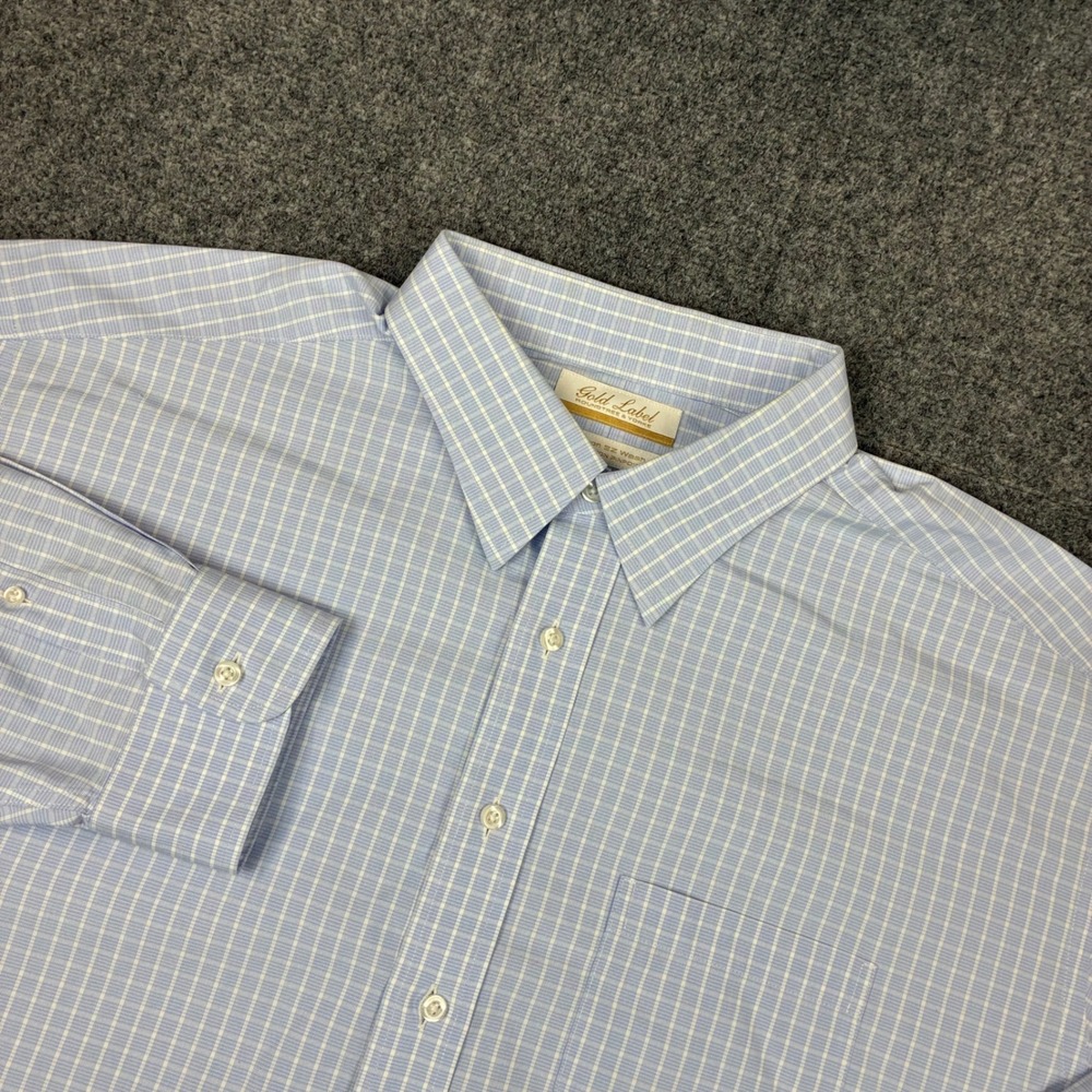 Roundtree & Yorke Gold Label Mens Size 18 33 Blue White Grid Cotton Shirt